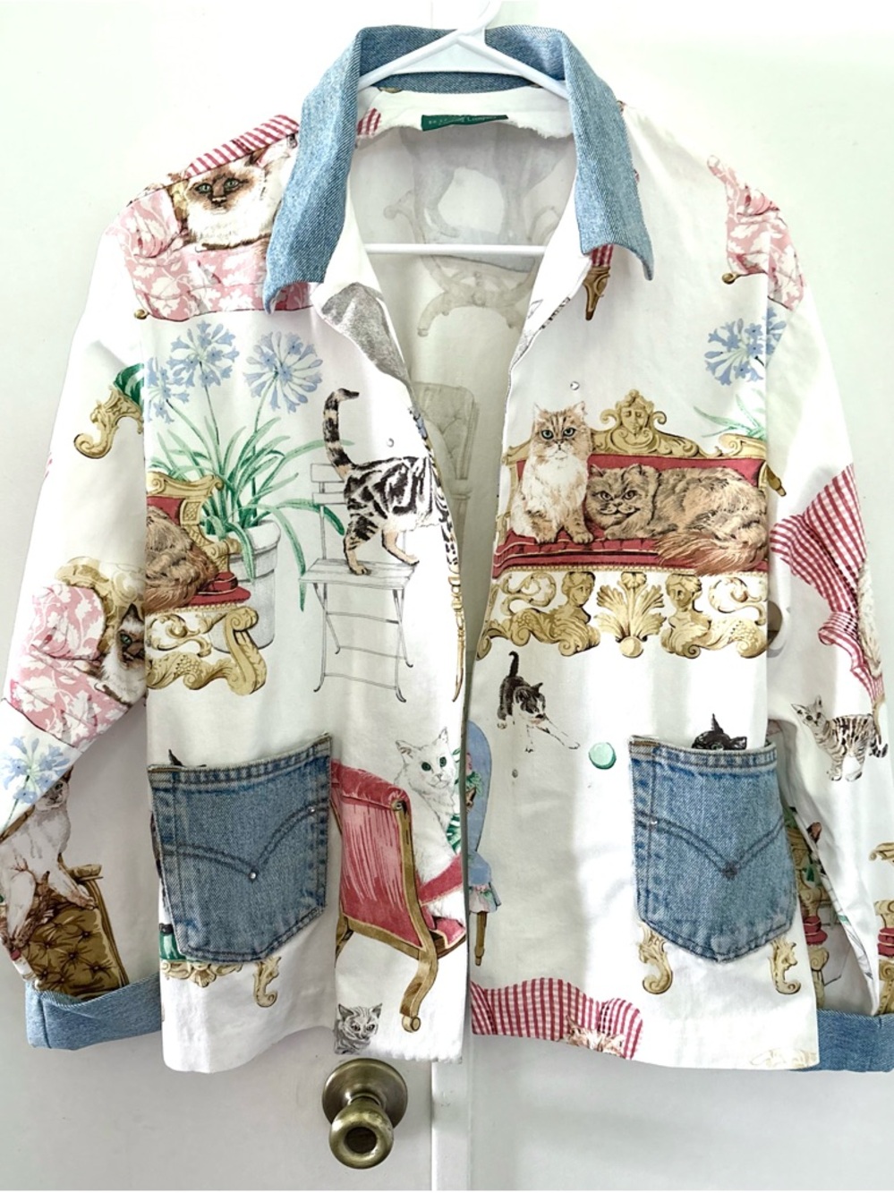 Riz Z Rag Upcycled Cat Print Denim Jacket – OOAK Whimsical Art Shirt